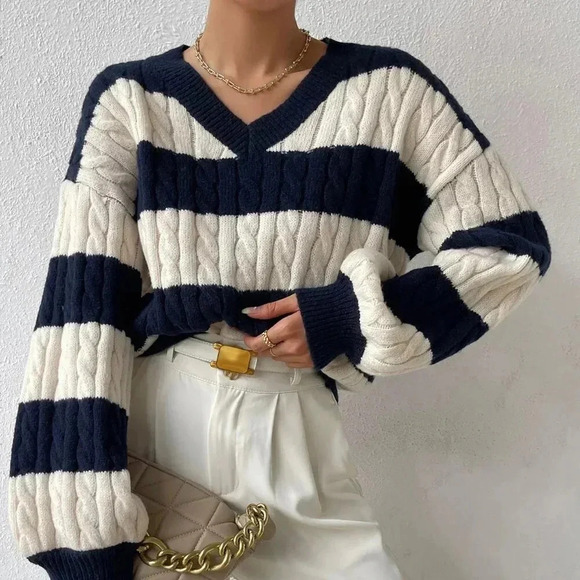 Multicolor Casual Women's Two Tone Cable Knit Drop Shoulder Sweater - Picture 1 of 6